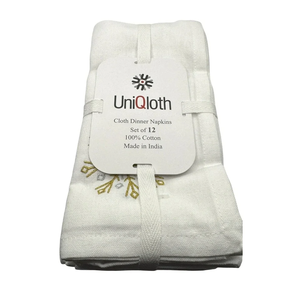 UniQloth White Cotton Dinner Napkins Set of 12 Gold Silver Snowflake Embroidery